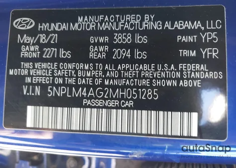 2021 Hyundai Elantra Sel z USA, uszkodzony, nr VIN 5NPLM4AG2MH051285